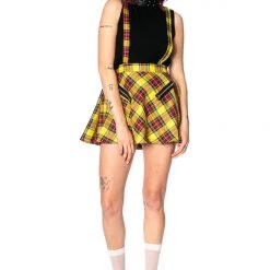 Banned Apparel Gals Highlife Pinafore Suspender Skirt Yellow Tartan