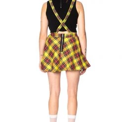 Banned Apparel Gals Highlife Pinafore Suspender Skirt Yellow Tartan