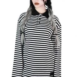 KillStar Guys Damon Collar Black & White Striped Shirt (Unisex)