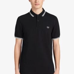 Guys Fred Perry Twin Tipped Polo Black / White 19 Guys Fred Perry Twin Tipped Polo Black / White