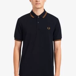 Guys Fred Perry Twin Tipped Polo Navy / Dark Caramel