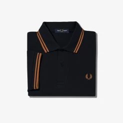Guys Fred Perry Twin Tipped Polo Navy / Dark Caramel