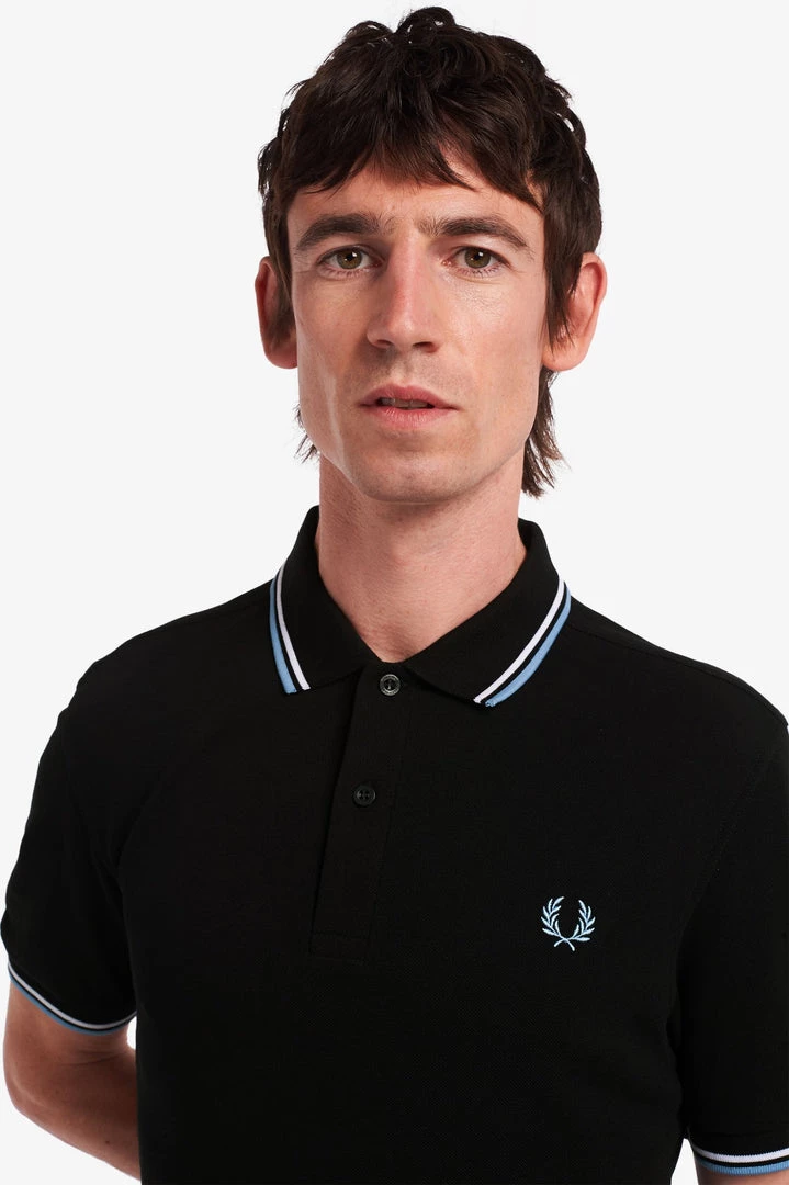 Guys Fred Perry Twin Tipped Polo Black / White / Sky Blue 6 Guys Fred Perry Twin Tipped Polo Black / White / Sky Blue