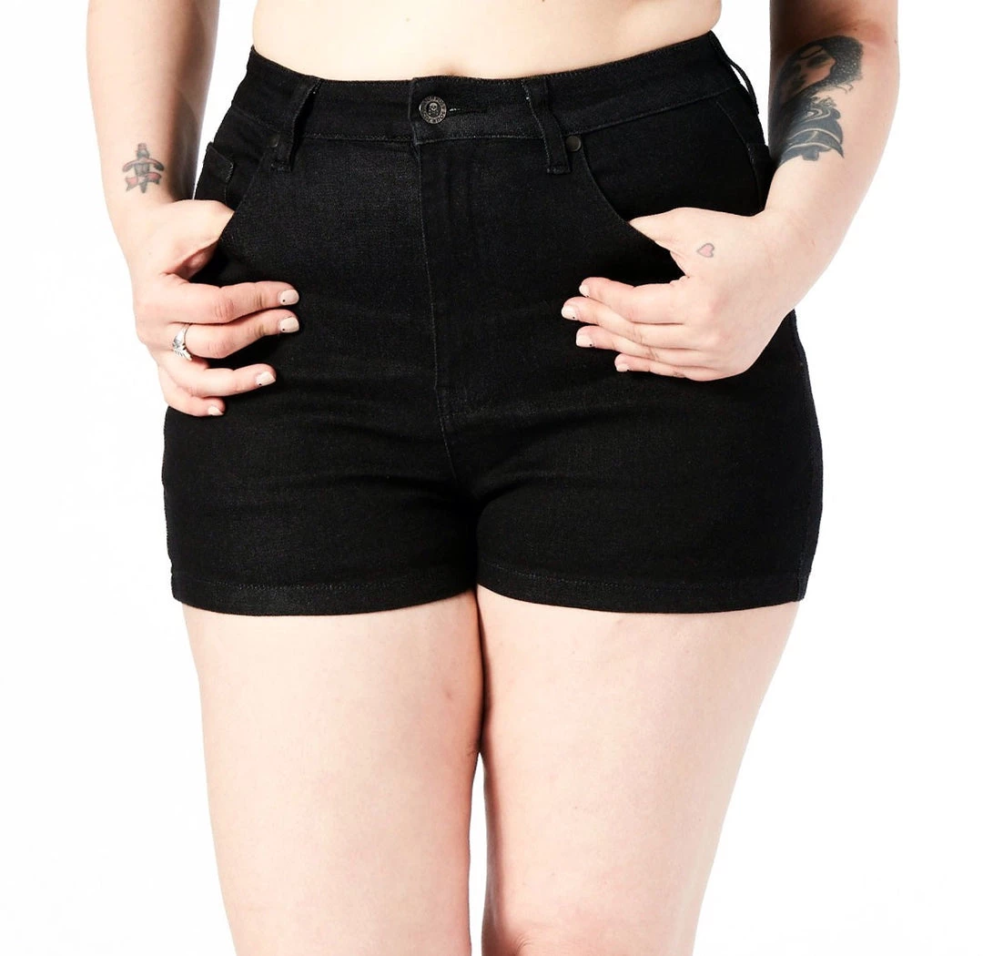 Sourpuss Essential Black Denim Shorts Gals 5 Sourpuss Essential Black Denim Shorts Gals