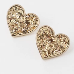 DeadRockers Gold Glitter Heart Stud Earrings