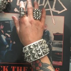 Ape Leather Accessories White 3 Row Pyramid Stud Wristband